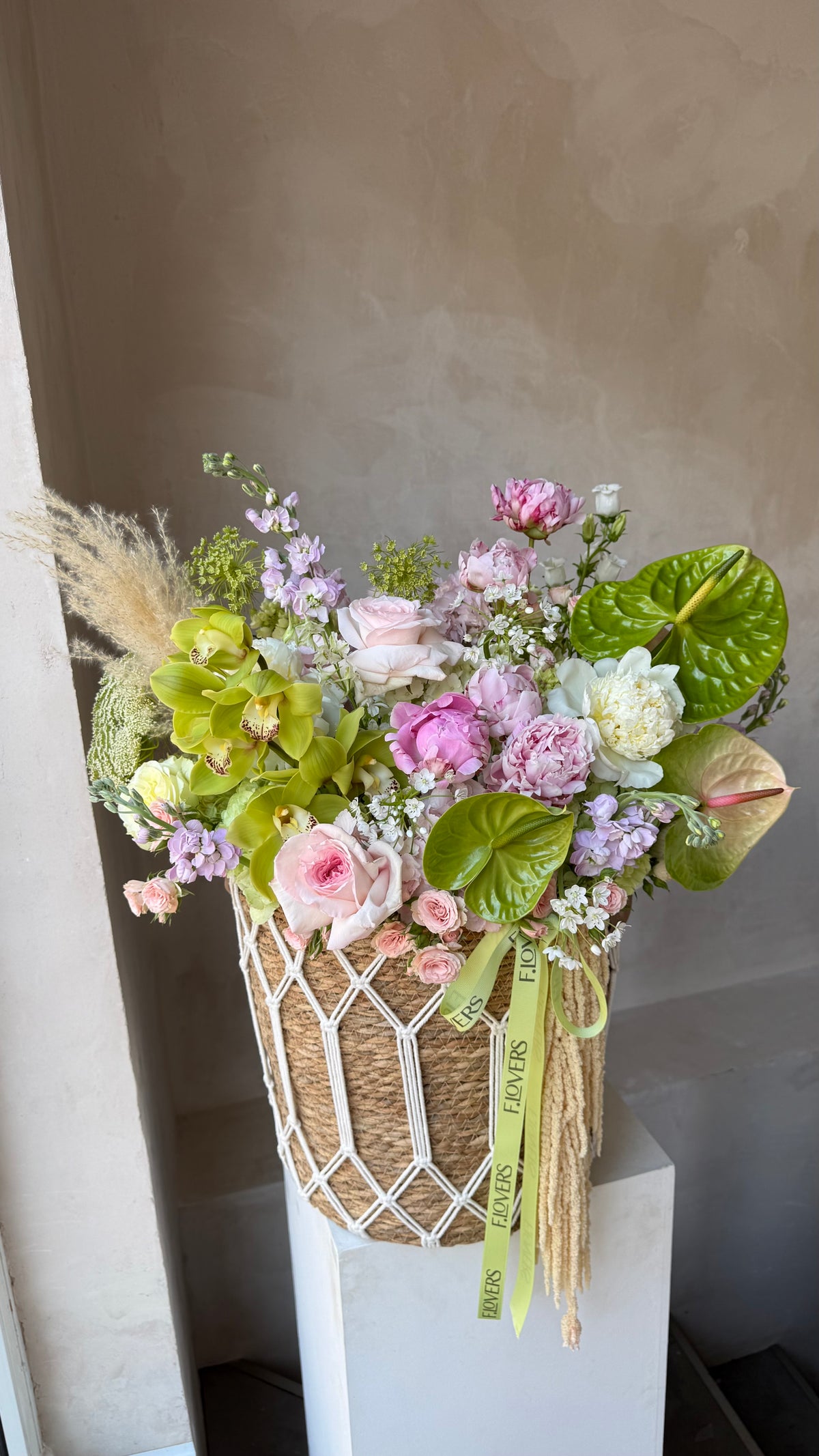Spring blush & green bloom basket